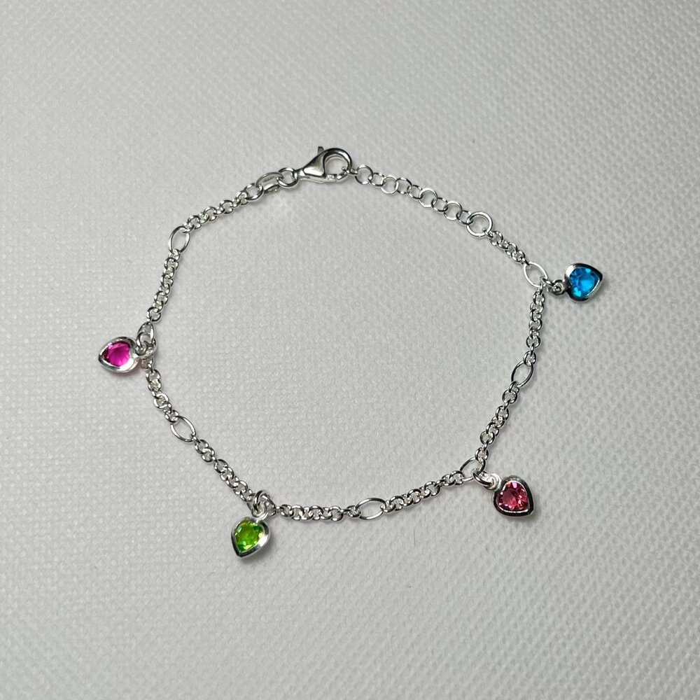 925 STERLING SILVER MULTI COLOR HEART SHAPE CRYSTAL STONE BRACELET